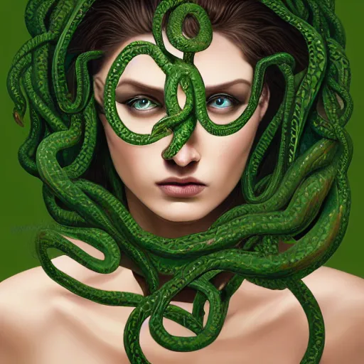 Image similar to medusa with flowing green snakes. close up of full head. painterly. digital art. elegant. scary. highly detailed. 4 k