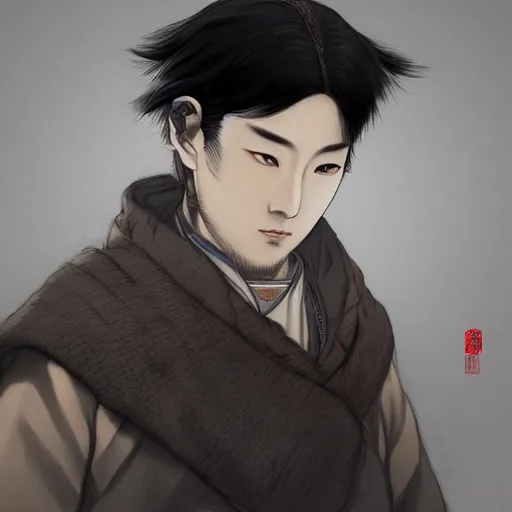 Image similar to photography of A man from the Qing Dynasty，looks like zun long，winter,anime style character, clean soft lighting, backlit beautiful face, clean brush stroke, 8k character concept art, by WLOP and artgerm, 3d, yoji shinkawa