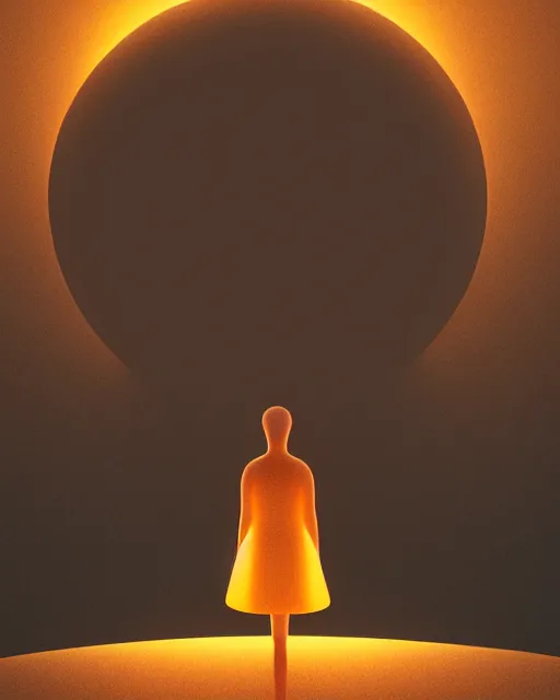 Image similar to a person standing in front of a glowy open door that's on a barren moon, poster art by mike winkelmann, trending on cg society, space art, sci - fi, ue 5, futuristic, volumetric lighting