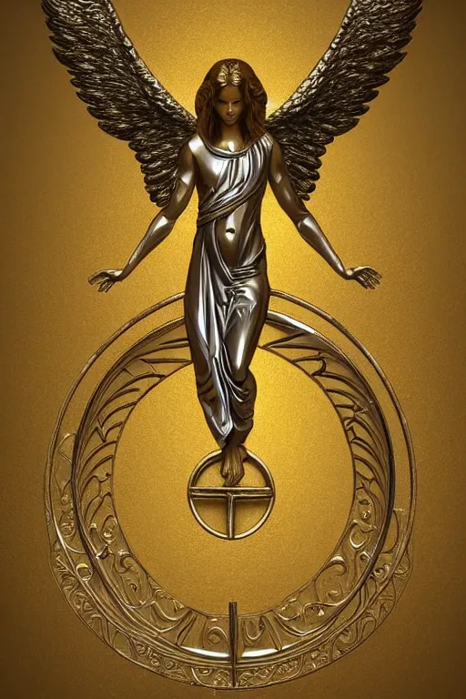 Prompt: Old angel symbol of archangel Gabriel. Symbol made out of metal. Cooper lining ,intricate, elegant, highly detailed, digital painting, artstation, concept art, smooth, sharp focus, illustration, art by Ilja Repin