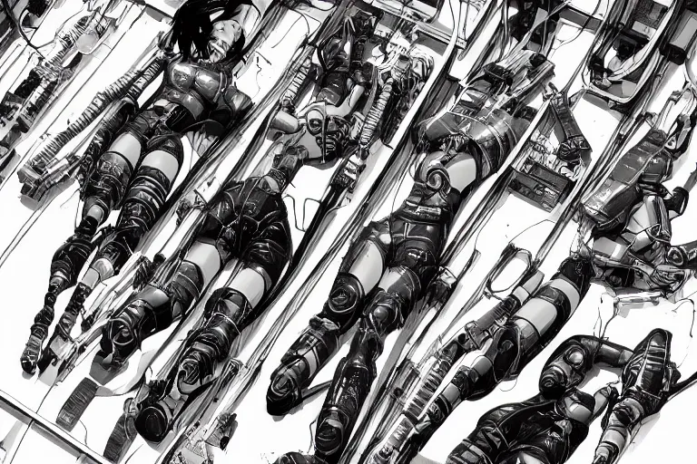 Image similar to a cyberpunk illustration of a group of female androids in style of masamune shirow, lying on an empty, white floor with their bodies scattered across in different poses and cables and wires coming out, by yukito kishiro and katsuhiro otomo, hyper-detailed, intricate, view from above