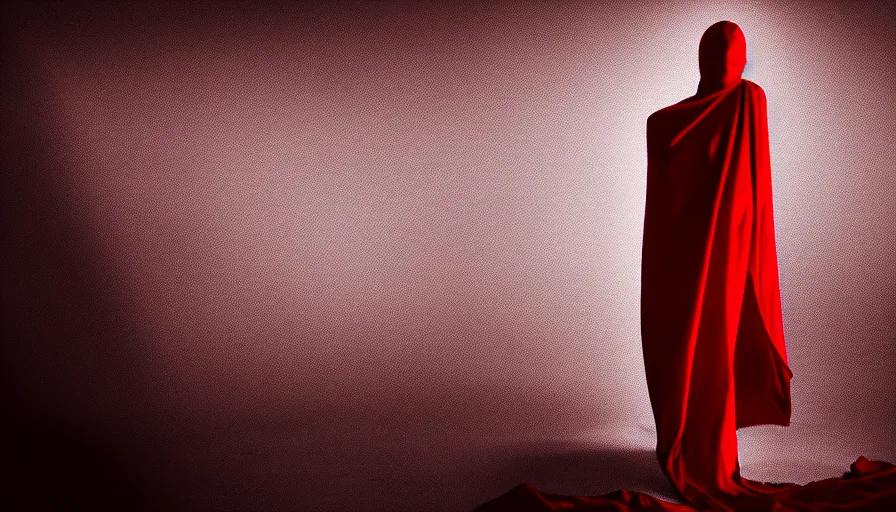 Image similar to fashion photograph of invisible figure wrapped in red sheet in darkness, high contrast, hard light, digital art, rendering, cloth simulation, redshift