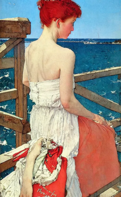 Image similar to portrait of a lady! with red hair! by norman rockwell!! mediterranean sea in the background!! beautiful!