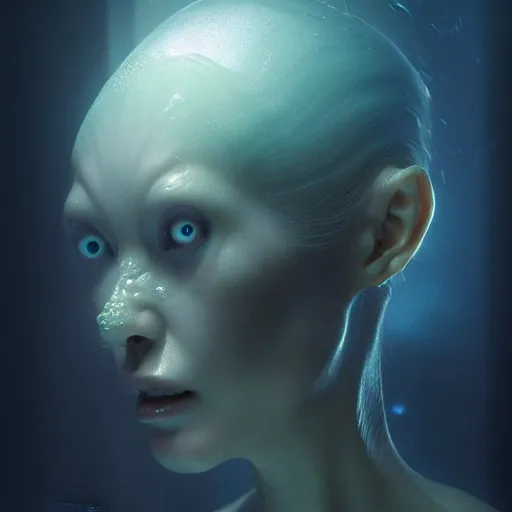 Image similar to ultra realistic horror photo of a dimly lit translucent female alien creature underwater, very intricate details, focus, full frame image, curvy, model pose, artwork by tooth wu and wlop and greg rutkowski, award winning