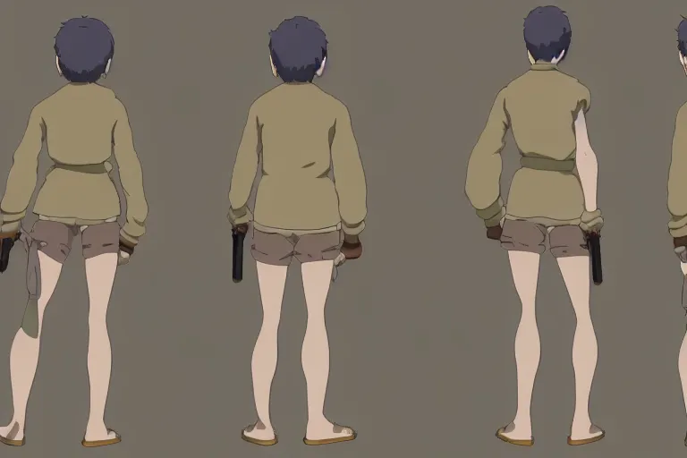 Prompt: a reference sheet containing three pictures of a t position hero by ghibli studio, front back view and side view, t position proportions, ready to model,