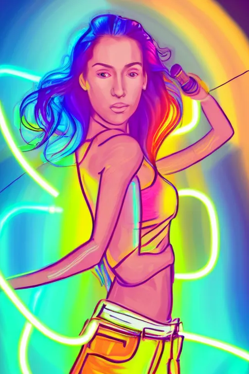 Image similar to a award winning half body portrait of a beautiful woman with stunning eyes in a croptop and cargo pants with rainbow colored ombre hairstyle head in motion and hair flying by thomas danthony, outlined by whirling illuminated neon lines, microphone, outrun, vaporware, shaded flat illustration, digital art, trending on artstation, highly detailed, fine detail, intricate