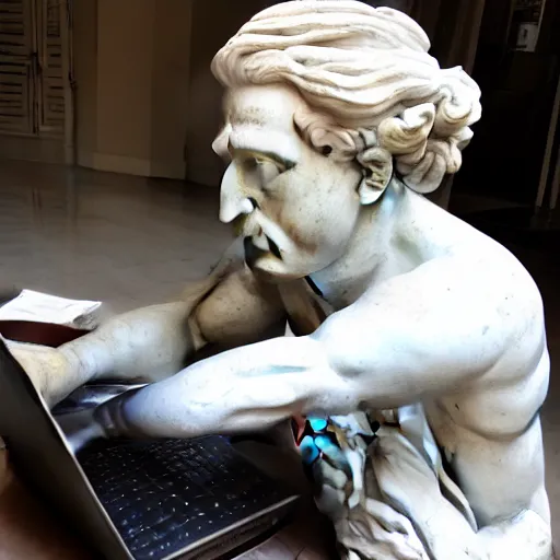 Image similar to a marble statue having trouble working on his laptop