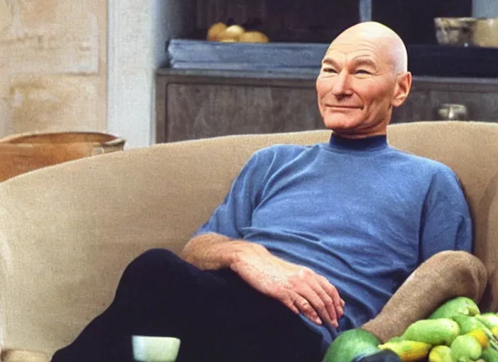 Prompt: patrick stewart sitting in a big bowl of vegetable stew