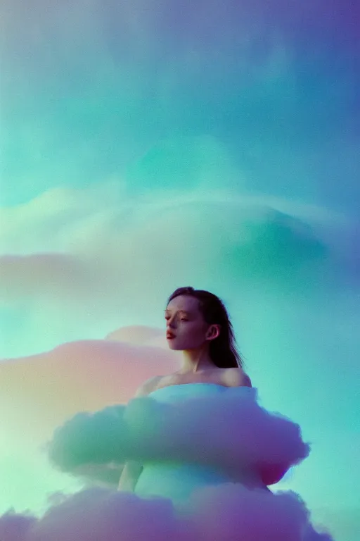 Image similar to high quality pastel coloured film close up wide angle photograph of a model wearing clothing swimming on cloud furniture in a icelandic black rock!! environment in a partially haze filled dreamstate world. three point light, rainbow. photographic production. art directed. pastel colours. volumetric clouds. pastel gradient overlay. waves glitch artefacts. extreme facial clarity. 8 k. filmic.