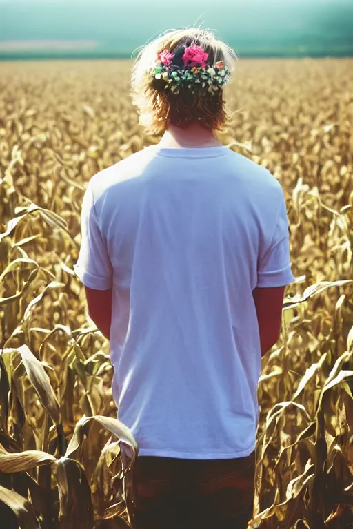 Image similar to agfa vista 4 0 0 photograph of a skinny blonde guy standing in a cornfield, flower crown, back view, grain, moody lighting, telephoto, 9 0 s vibe, blurry background, vaporwave colors!, faded!,