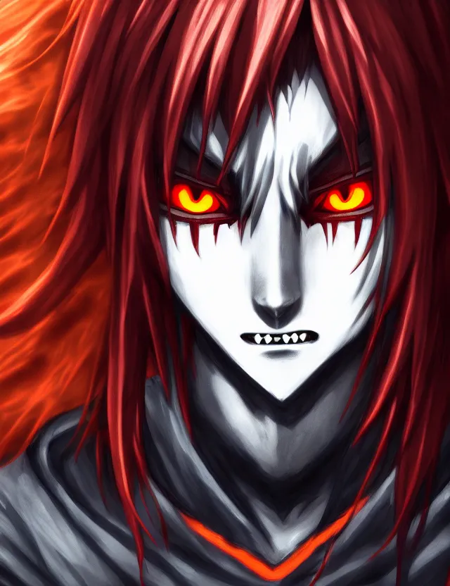 Image similar to a detailed manga portrait of a shadowy dark cute demon boy with long crimson hair and glowing orange eyes and fangs, lurking in the shadows, trending on artstation, digital art, 4 k resolution, detailed, high quality, sharp focus, hq artwork, coherent, insane detail, character portrait