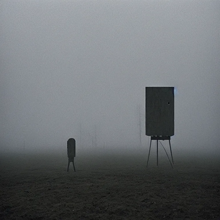 Image similar to the tall thin liminal observer droid by dennis mejillones, in a brutalist yet rural landscape by simon stalenhag, 3 5 mm film photography, dawn, eerie fog