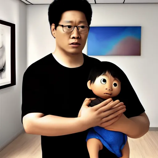 Image similar to shocked asian man holds black baby at hospital, he can ’ t believe his eyes, award winning art, pixar, 3 d render, unreal engine