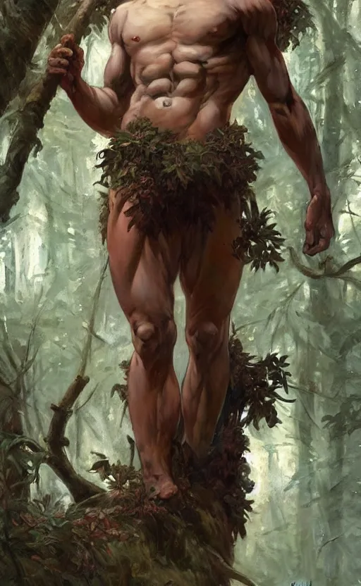 Image similar to young god of the forest, male, gorgeous, detailed face, anatomically correct hands!!!!!!, amazing, thighs!!!!!!, muscular, intricate, highly detailed, digital painting, artstation, concept art, sharp focus, illustration, art by greg rutkowski and alphonse mucha