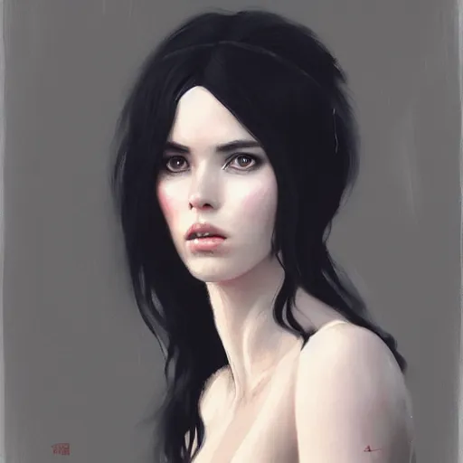 Image similar to portrait painting of female forest elf black hair, black dress, dramatic light, 8 k, by greg rutkowski