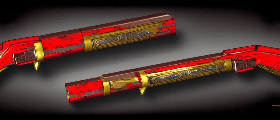 Image similar to a magical shotgun made from glossy red - painted wood and elements of gold metalwork, antique, sawed - off, double - barreled, glowing with blue elertcicity, video game concept art