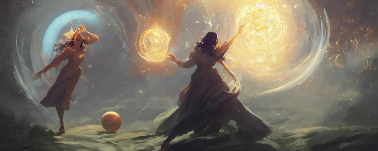 Prompt: very_detailed_masterpiece_painting_of_an_beautiful good witch doing astral magic with light spheres_wide angle wiev_artstation_concept_art_by_Greg_Rutkowski_WLOP