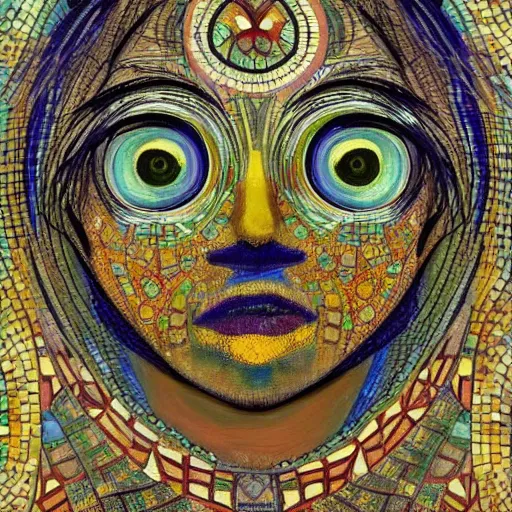 Image similar to A beautiful painting a large eye that is looking directly at the viewer. The eye is composed of a myriad of colors and patterns, and it is surrounded by smaller eyes. The smaller eyes appear to be in a state of hypnosis, and they are looking in different directions. DayGlo blue, roman mosaic by John Bauer, by Bastien Lecouffe-Deharme artificial