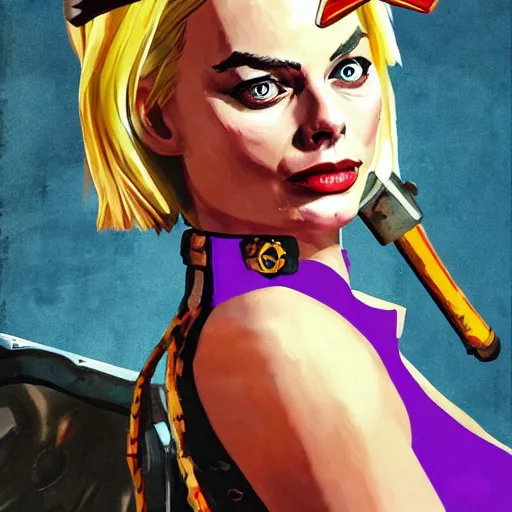 Image similar to margot robbie as tank girl, ultra detailed, concept art in the style of 2 0 0 0 ad, fun pose, wild eyes, front and back, big hammer, 4 k