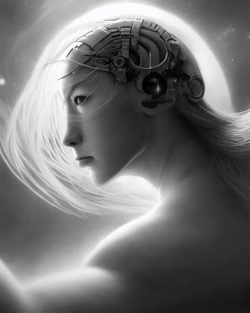 Image similar to dreamy, monochrome, subsurface scattering, white, cyborg goddess in cosmos, black and white, octane render, tomasz alen kopera, jesper ejsing, cgsociety, fenghua zhong, makoto shinkai, james jean, justin gerard, highly detailed, rim light, art, cinematic lighting, very coherent, hyper realism, 8 k