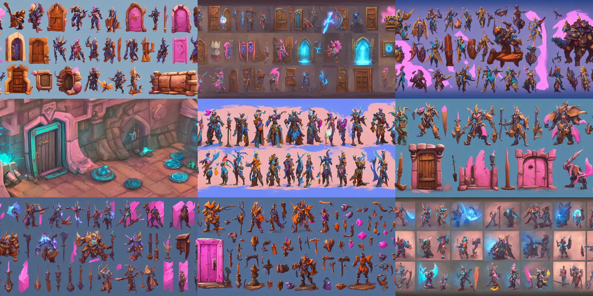 Prompt: game asset of fantasy door, in gouache detailed paintings, props, stylized, 2 d sprites, kitbash, arcane, overwatch, blue and pink color scheme, 8 k, close up