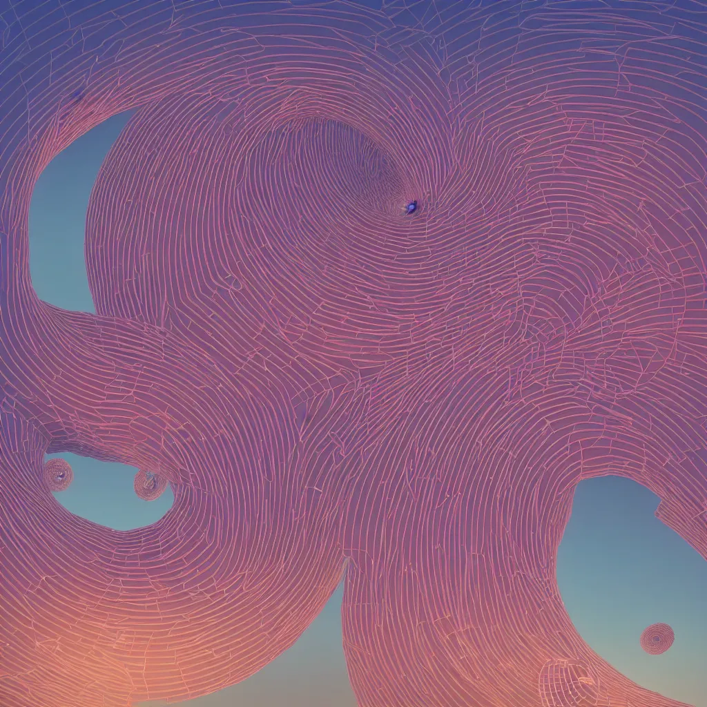 Image similar to rendering of a series of 3 d spirals in the dawn sky by beeple, 3 d art, sophie cover album, geometric figure, vivid colors, highly detailed, experimental art, digital art, rendered on unreal 3 d,