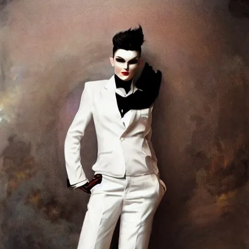 Image similar to beautiful portrait of androgynous ruby rose as desire from sandman in a white tuxedo!!!, rockabilly style, by alphonse mucha, cedric peyravernay, by jeremy mann, by frank moth, white suit and black tie, soft lightning, canon eos c 3 0 0, ƒ 1. 8, high detailed, 8 k