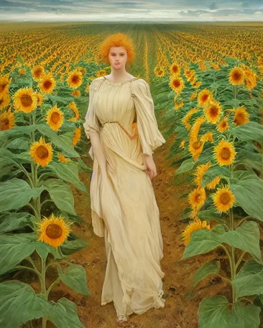 Image similar to a girl slowly in really long dress walking through amazing tall sunflower field, hair flowing, early morning lightning, bad weather approaching, oil on canvas, artstation, by j. c. leyendecker and edmund blair leighton and charlie bowater, octane, very aesthetic!!!!!!!!!!!!!!!