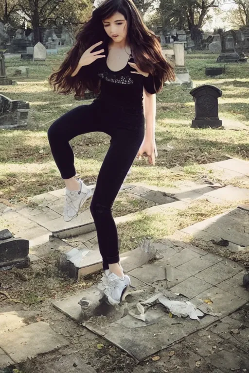 Image similar to egirl doing a shuffle dance in an abandoned graveyard, aesthetic!!, clean composition, outdoor lighting, beautiful highly symmetric face, gazing eyes