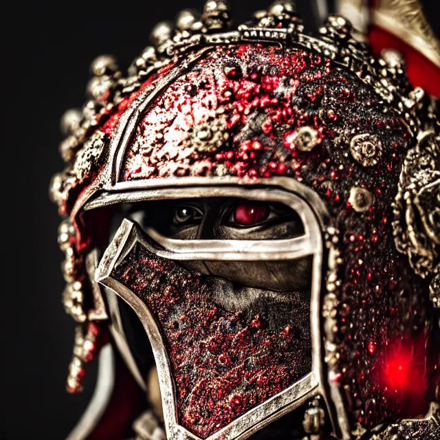 Prompt: photo of a warrior with ruby encrusted armour highly detailed 8 k hdr smooth sharp focus high resolution award - winning photo dslr 5 0 mm