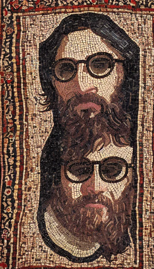 Prompt: roman mosaic portrait of the dude with sunglasses on 8k standing on a Persian carpet