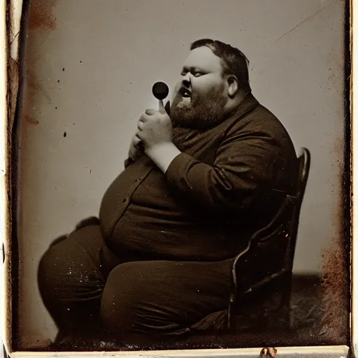 Image similar to a daguerrotype photo of a fat man eating a cake, award winning photo