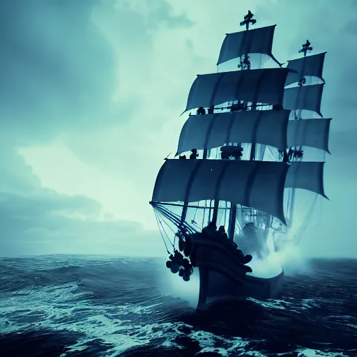 Image similar to pirate ship on a magical stormy sea, 8k, HDR, cinematic, volumetric lighting, unreal engine 5