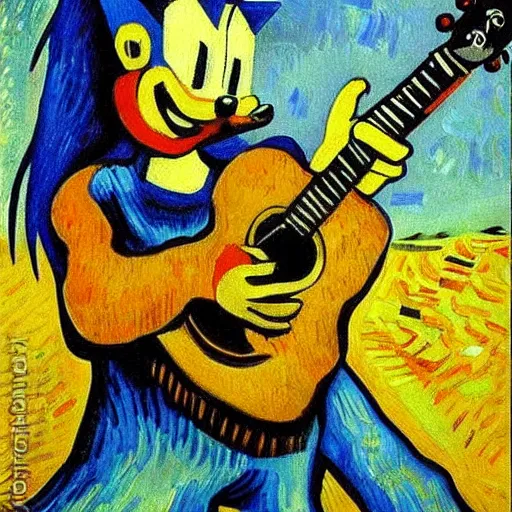 Image similar to oil painting of a sonic plays guitar by vincent van gogh