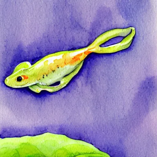 Prompt: watercolor painting of tadpole in a pond