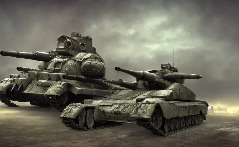 Prompt: imposing soviet vehicle, apocalypse tank, two cannons, sci - fi 9 0's, digital art, grunge render, artstation