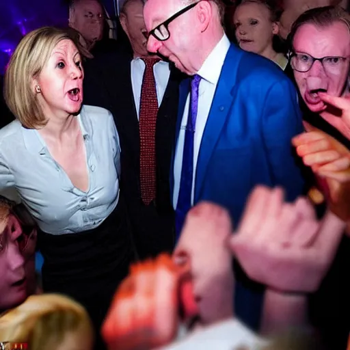 Image similar to hyperrealistic photography of elizabeth truss, conservative MP, lost and confused in a rave with michael gove