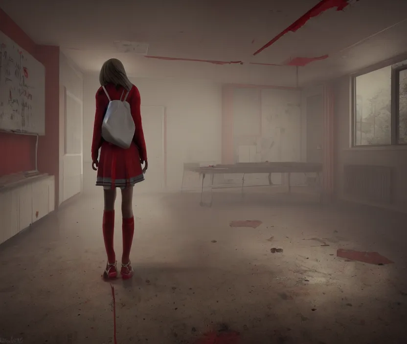 Image similar to School girl standing on an abandoned hospital room with red ceiling lighting, gloomy and foggy atmosphere, octane render, artstation trending, horror scene, highly detailded