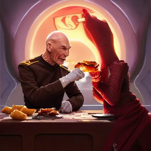 Image similar to Captain Picard eating big macs, dripping BBQ Sauce, serving happy meals, D&D, spilling ketchup, fantasy, intricate, elegant, highly detailed, digital painting, artstation, concept art, matte, sharp focus, illustration, hearthstone, art by Artgerm and Greg Rutkowski and Alphonse Mucha