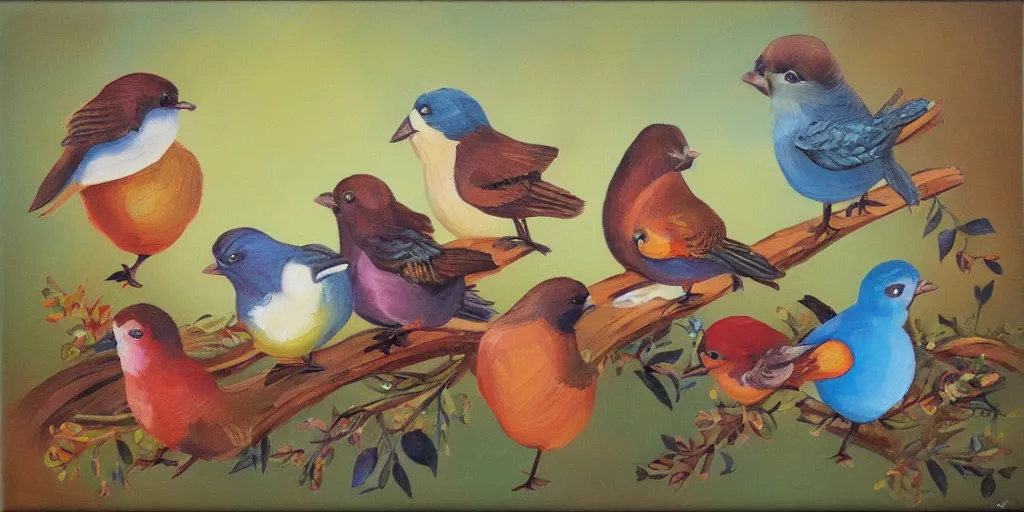 Prompt: musical band of cute birds, oil on canvas, storybook style