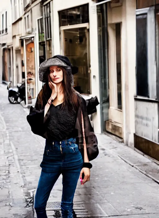 Prompt: color realistic portrait of a beautiful, stylish, 30-year-old French woman in the street, with long, straight hair, street portrait in the style of Mario Testino