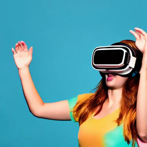 Prompt: realistic picture of female wearing virtual reality device cyan magenta background