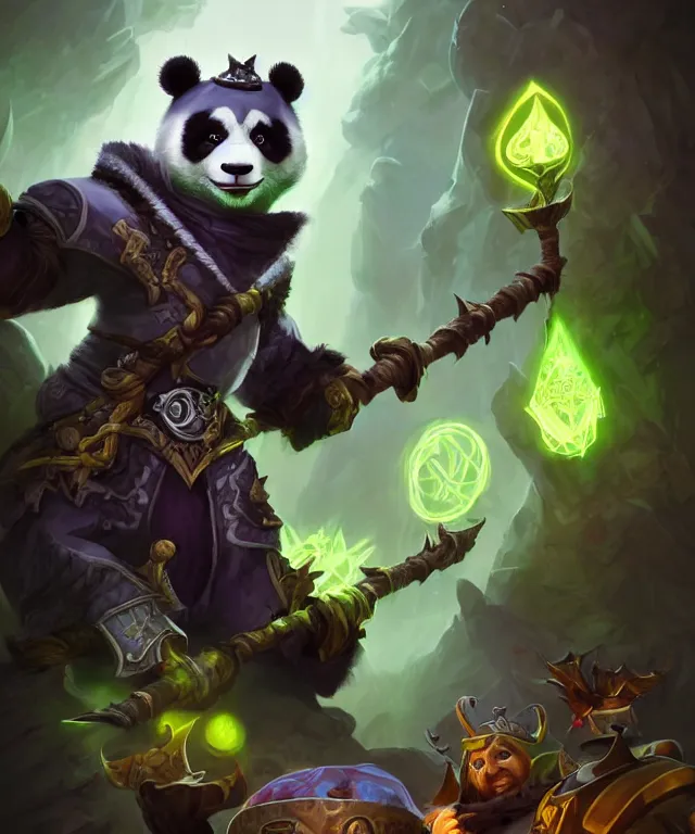 Image similar to a portrait an anthropomorphic panda warlock holding a staff, wearing warlock robes with spiked shoulders, landscape in background, dnd character art portrait, world of warcraft style, by peter mohrbacher, cinematic lighting