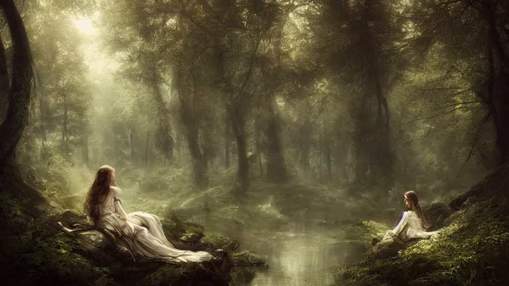 Prompt: elven princess sitting alone in the melancholy forest. andreas achenbach, artgerm, mikko lagerstedt, zack snyder, tokujin yoshioka