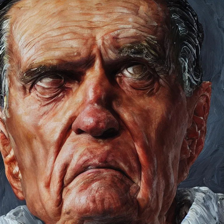 Prompt: close up studio portrait of aging old Richard Milhous Nixon age 115 wrinkled angry, shiny impasto oil painting by Lucian Freud and Tim Hawkinson and Cy Twombly, trending on artstation Studio lighting Expressionism