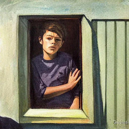 Prompt: a portrait of a 1 4 year old boy looking out his bedroom window, looking sad, oil painting, david padworny