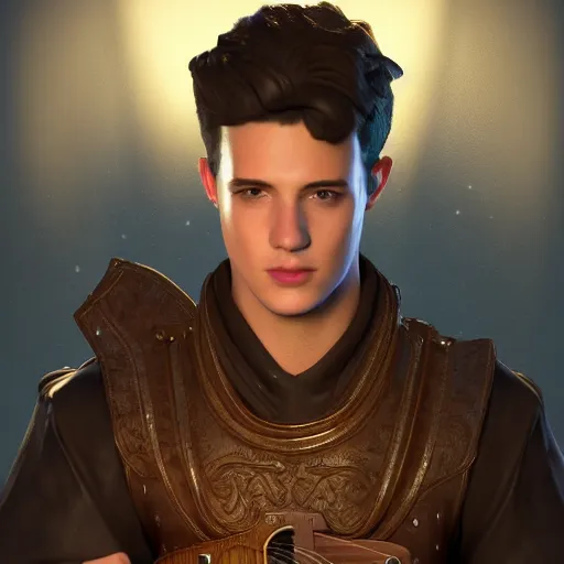 Image similar to a digital art close up portrait of young barnes courtney bard from fantasy world, handsome young man bard with lute character sheet, 4 k, ultra detail, volumetric lighting, unreal engine, octane render