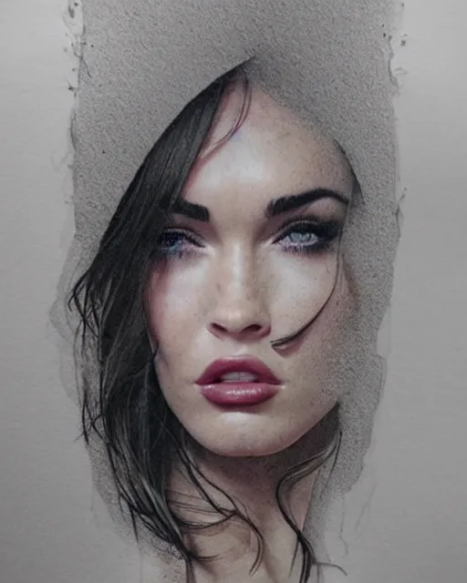 Prompt: megan fox face next to realistic mountain scenery, double exposure effect, medium sized tattoo sketch, amazing detail, trending on pinterest, in the style of brandon kidwell