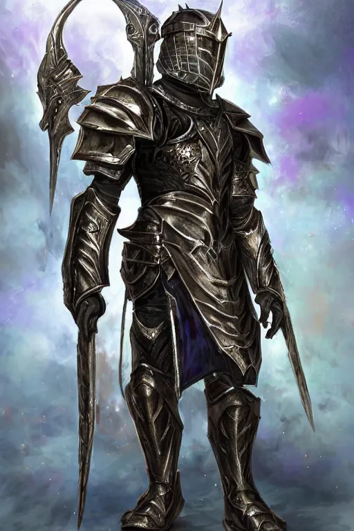 Prompt: Full-length portrait of a paladin in iridescent heavy armor, dark fantasy, digital art.