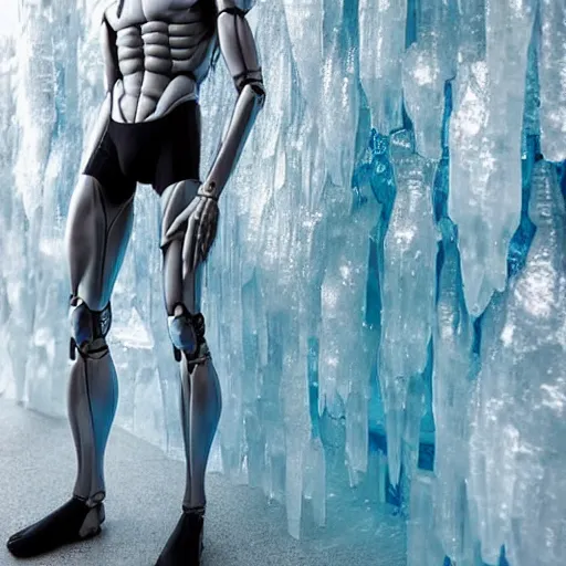 Image similar to made of ice, a realistic detailed photo of a guy who is an attractive humanoid who is half robot and half humanoid, who is a male android, on display, blank stare, showing off his muscles, shiny skin, posing like a statue, by the pool, frozen ice statue, f 1 driver pierre gasly, humanoid robot